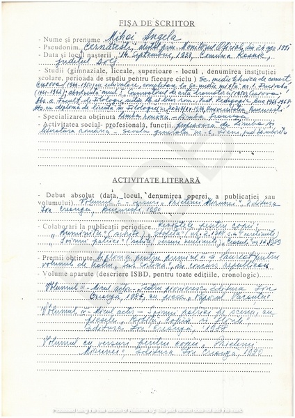 M-1293-1 - Fisa de scriitor MIHAI ANGELA